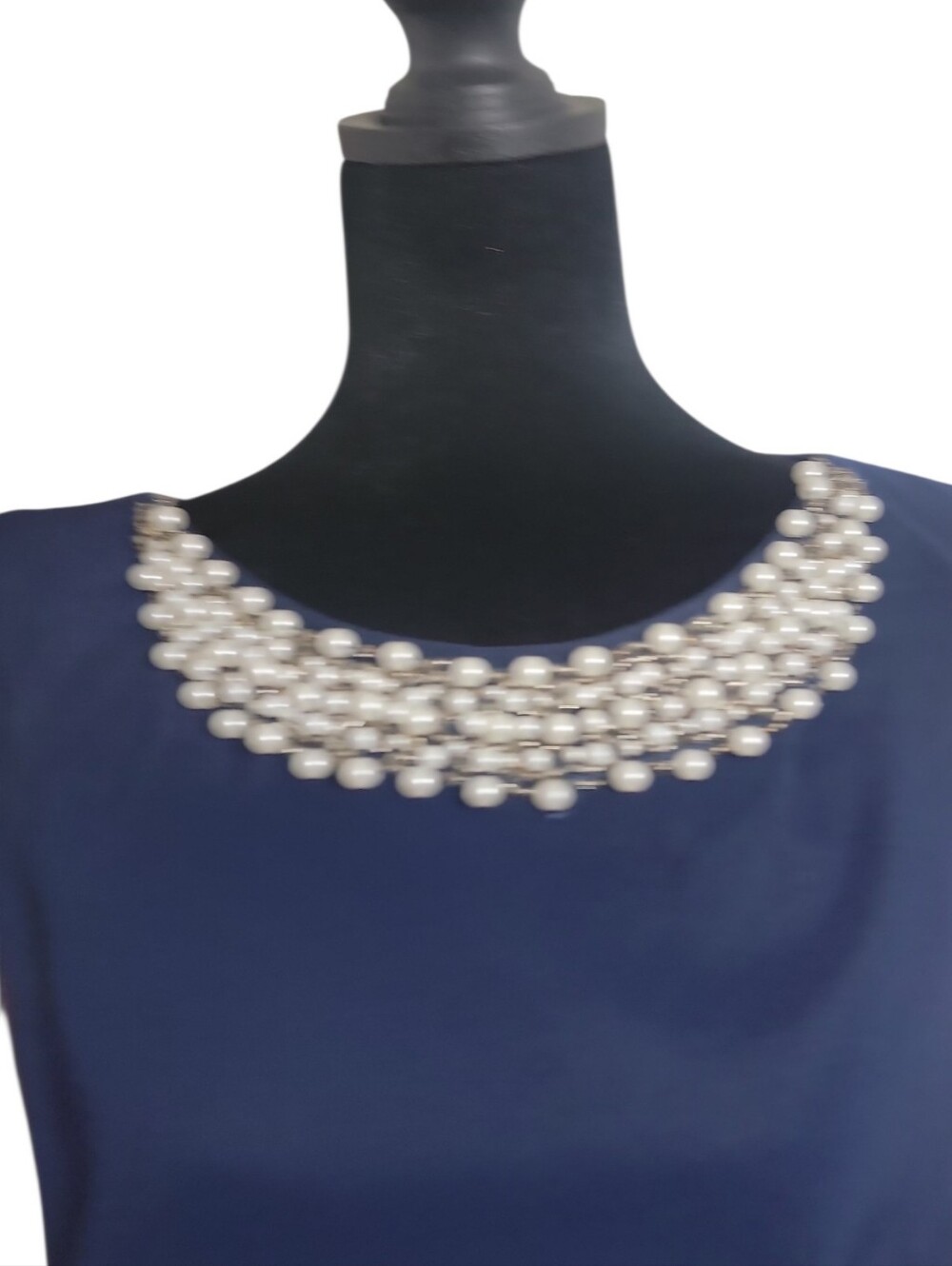 Dressbarn navy blue beaded neck sleeveless layered front sheath dress size 8 - Picture 3 of 8
